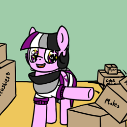 Size: 800x800 | Tagged: safe, artist:thedragenda, oc, oc only, oc:ace, earth pony, pony, ask-acepony, box, eye shimmer, female, mare, solo