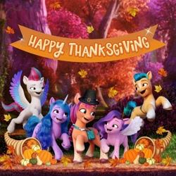 Size: 1080x1080 | Tagged: safe, hitch trailblazer, izzy moonbow, pipp petals, sunny starscout, zipp storm, earth pony, pegasus, pony, unicorn, g5, my little pony: a new generation, official, cornucopia, female, happy thanksgiving 2021, hat, holiday, instagram, male, mane five, mare, stallion, thanksgiving