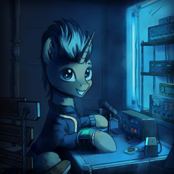 Size: 3000x3000 | Tagged: safe, artist:adagiostring, oc, oc only, oc:gadget (lahirien), pony, unicorn, fallout equestria, commission, commissioner:lahirien, ham radio, high res, pipbuck, radio, solo