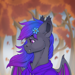 Size: 2363x2363 | Tagged: source needed, useless source url, safe, artist:creed larsen, oc, oc only, oc:grey, bat pony, pony, autumn, bust, clothes, fangs, flower, flower in hair, fluffy, fog, high res, hoodie, leaves, smiling, solo, tree, wings