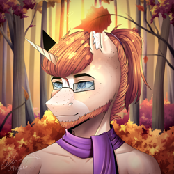 Size: 2200x2200 | Tagged: safe, artist:lunciakkk, oc, oc only, oc:mckeypl, unicorn, anthro, autumn, beard, bust, clothes, commission, facial hair, forest, high res, leaves, male, portrait, scarf, solo
