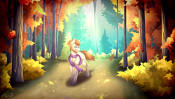 Size: 3960x2228 | Tagged: safe, artist:lunciakkk, oc, oc only, oc:mckeypl, pony, unicorn, series:mckeypl in years, autumn, clothes, commission, forest, high res, leaves, part of set, scarf, solo