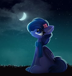 Size: 1982x2102 | Tagged: safe, artist:janelearts, oc, oc only, bat pony, pony, bat pony oc, clothes, crescent moon, flower, flower in hair, moon, night, scarf, sitting, sky, solo, stars