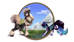 Size: 3960x2228 | Tagged: safe, artist:lunciakkk, oc, oc only, chest fluff, commission, grass, high res, mountain, nudity, sheath, simple background, transparent background, unshorn fetlocks, water
