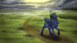 Size: 4709x2648 | Tagged: safe, artist:lunciakkk, oc, oc only, pony, commission, crepuscular rays, house, rain, scenery, solo, tree