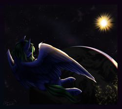 Size: 5000x4451 | Tagged: safe, artist:lunciakkk, oc, oc only, oc:zultar green, pony, commission, planet, solo, space, stars, sun
