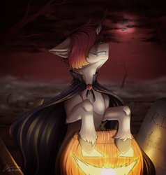 Size: 3760x3944 | Tagged: safe, artist:lunciakkk, oc, oc only, pony, unicorn, blood moon, cape, clothes, commission, gravestone, graveyard, halloween, high res, holiday, jack-o-lantern, moon, pumpkin, solo