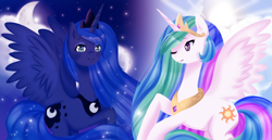 Size: 1980x1024 | Tagged: safe, artist:xx-artbloqued-xx, princess celestia, princess luna, alicorn, pony, g4, cloud, crown, day, day and night, duo, female, hoof shoes, jewelry, mare, moon, necklace, night, one eye closed, pretty, regalia, royal sisters, siblings, sisters, sky, smiling, stars, sun, wings