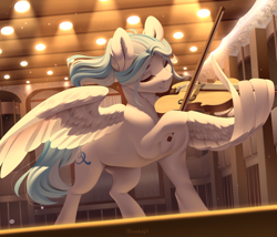Size: 1000x857 | Tagged: safe, artist:evehly, oc, oc only, oc:lesa castle, pony, commission, eyes closed, hoof hold, musical instrument, solo, stage, violin, wing hands, wings