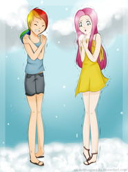 Size: 996x1340 | Tagged: safe, artist:artbloqued, artist:xx-artbloqued-xx, fluttershy, rainbow dash, human, g4, bare shoulders, clothes, cold, dress, duo, female, freezing, humanized, sandals, shivering, shorts, snow