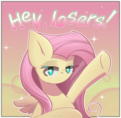 Size: 1950x1900 | Tagged: safe, artist:miryelis, fluttershy, pegasus, pony, g4, flutterbitch, looking at you, simple background, smiling, smiling at you, solo, text