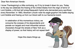 Size: 932x607 | Tagged: safe, artist:topkick, oc, oc only, oc:gunsmoke, earth pony, pony, female, glasses, historically incorrect, holiday, mare, meme, solo, thanksgiving, yankee brigade studios