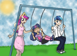 Size: 2987x2180 | Tagged: safe, artist:asterismo, artist:luxei, princess cadance, shining armor, twilight sparkle, human, g4, ^^, clothes, converse, dress, eyes closed, female, grass, happy, high res, humanized, male, outdoors, palindrome get, shoes, smiling, sun, swing, trio, younger