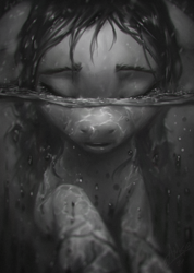 Size: 771x1080 | Tagged: safe, artist:assasinmonkey, sunny starscout, earth pony, pony, g5, my little pony: a new generation, black and white, grayscale, monochrome, solo, submerged, underwater, water