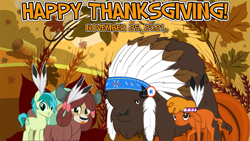 Size: 2063x1161 | Tagged: safe, artist:not-yet-a-brony, chief thunderhooves, little strongheart, sandbar, yona, bison, buffalo, earth pony, pony, yak, g4, feather, friendship, happy thanksgiving 2021, holiday, thanksgiving