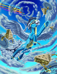 Size: 1024x1326 | Tagged: safe, artist:amalgamzaku, soarin', pegasus, pony, g4, clothes, cloud, flying, food, male, pie, sky, solo, stallion, that pony sure does love pies, uniform, wonderbolts uniform