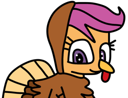 Size: 1300x1000 | Tagged: safe, artist:icicle-niceicle-1517, artist:jadeharmony, color edit, edit, scootaloo, bird, pegasus, pony, turkey, g4, collaboration, colored, female, filly, holiday, scootaturkey, simple background, solo, thanksgiving, transparent background, turkey costume