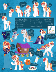 Size: 2153x2786 | Tagged: safe, artist:catastrophic-success, oc, oc:doodle flare, breezie, cat, crystal pony, human, unicorn, bag, clothes, dress, female, filly, foal, glasses, high res, humanized, kimono (clothing), pencil, reference sheet, saddle bag, wagon, wet, wet mane