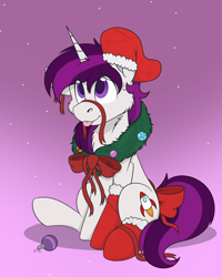 Size: 1712x2140 | Tagged: safe, alternate character, alternate version, artist:rokosmith26, oc, oc only, oc:curiosity cosmos, pony, unicorn, bow, christmas, christmas stocking, christmas wreath, clothes, commission, floppy ears, gradient background, holiday, horn, leggings, looking up, male, one ear down, raised hoof, ribbon, simple background, sitting, smiling, solo, stallion, sweat, sweatdrop, tail, tongue out, unicorn horn, unicorn oc, wreath, ych result
