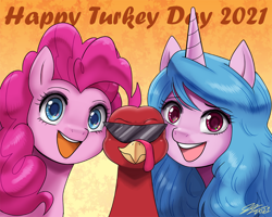 Size: 1300x1040 | Tagged: safe, artist:johnjoseco, izzy moonbow, pinkie pie, bird, earth pony, pony, turkey, unicorn, g4, g5, my little pony: a new generation, bust, eyebrows, eyebrows visible through hair, female, happy thanksgiving 2021, holiday, looking at you, mare, open mouth, open smile, smiling, smiling at you, sunglasses, thanksgiving, trio