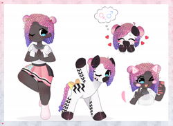 Size: 2225x1627 | Tagged: safe, artist:arwencuack, oc, oc only, oc:zuri sambo, human, zebra, :p, bisexual pride flag, blushing, bow, cellphone, clothes, cute, dark skin, ear piercing, earring, eyes closed, female, heart, humanized, humanized oc, jewelry, one eye closed, open mouth, phone, piercing, pride, pride flag, reference sheet, selfie, shirt, simple background, skirt, smartphone, socks, solo, tail, tail bow, thought bubble, tongue out, white background, wink, yoga, zebra oc