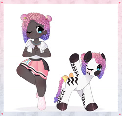 Size: 1707x1627 | Tagged: safe, artist:arwencuack, oc, oc only, oc:zuri sambo, human, zebra, :p, bisexual pride flag, bow, clothes, cute, dark skin, ear piercing, earring, female, humanized, humanized oc, jewelry, one eye closed, piercing, pride, pride flag, reference sheet, shirt, simple background, skirt, socks, solo, tail, tail bow, tongue out, white background, wink, yoga, zebra oc