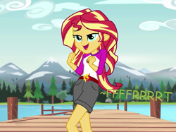 Size: 961x720 | Tagged: safe, artist:thedarkpony, edit, edited screencap, screencap, sunset shimmer, equestria girls, g4, legend of everfree, camp everfree outfits, clothes, cropped, fart, fart edit, fart noise, female, onomatopoeia, shorts, sound effects