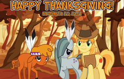 Size: 2064x1321 | Tagged: safe, anonymous artist, braeburn, little strongheart, marble pie, bison, buffalo, earth pony, pony, g4, 2021, autumn, braeble, feather, female, forest, friendship, happy thanksgiving 2021, holiday, male, marble squaw, scenery, ship:braeheart, shipping, smiling, straight, thanksgiving
