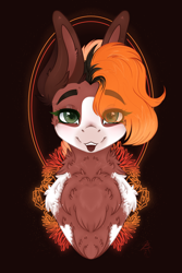 Size: 1600x2400 | Tagged: safe, artist:bananasplitedy, oc, oc only, oc:mocha frost, pegasus, pony, abstract background, bust, chest fluff, coat markings, facial markings, flower, fluffy, looking at you, markings, neck fluff, solo