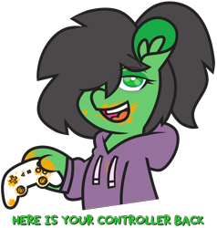Size: 3800x3984 | Tagged: safe, artist:threetwotwo32232, oc, oc only, oc:anon-mare, earth pony, pony, cheeto dust, clothes, controller, female, g3 hoof, high res, hoodie, mare, simple background, solo, suddenly hands, transparent background