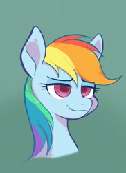 Size: 1390x1906 | Tagged: safe, artist:noupu, rainbow dash, pegasus, pony, g4, bust, colored pupils, eyebrows, eyebrows visible through hair, faic, female, lidded eyes, simple background, smug, smugdash, solo