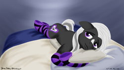 Size: 2400x1350 | Tagged: safe, artist:rockhoppr3, oc, oc only, oc:ace hearts, earth pony, pony, bed, clothes, floppy ears, hug, looking at you, male, pillow, pillow hug, socks, solo, stallion, striped socks, thigh highs