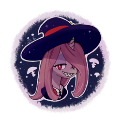 Size: 1280x1280 | Tagged: safe, artist:fipoki, pony, unicorn, female, grin, hat, horn, lidded eyes, little witch academia, looking at you, sharp teeth, simple background, smiling, smiling at you, solo, sucy manbavaran, teeth, transparent background, white pupils, witch hat