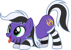 Size: 2208x1564 | Tagged: safe, artist:lightning stripe, derpibooru exclusive, oc, oc only, oc:lightning stripe, earth pony, pony, 2022 community collab, derpibooru community collaboration, g4, :p, ass up, behaving like a dog, black and white mane, clothes, cross-eyed, cute, eyelashes, face down ass up, female, green eyes, makeup, mare, ocbetes, purple coat, show accurate, silly, simple background, socks, solo, striped socks, stripes, tail, tongue out, transparent background, two toned mane, two toned tail, vector
