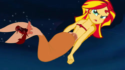 Size: 1280x724 | Tagged: safe, artist:devinquinnart, sunset shimmer, crab, mermaid, equestria girls, g4, 1000 hours in ms paint, angry, bra, crossover, fish tail, mermaid tail, mermaidized, seashell bra, sebastian, species swap, tail, the little mermaid