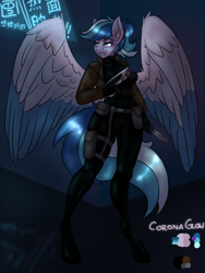 Size: 1080x1440 | Tagged: safe, artist:dimvitrarius, oc, oc only, oc:corona glow, pegasus, anthro, anthro oc, colored wings, combat knife, cyberpunk, gun, handgun, knife, laser pistol, pegasus oc, pistol, ponytail, science fiction, skinsuit, solo, transparent wings, two toned wings, wings