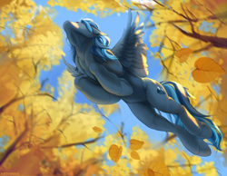 Size: 4000x3100 | Tagged: safe, artist:mithriss, oc, oc only, pegasus, pony, cloud, cutie mark, falling leaves, flying, from below, leaves, solo, spread wings, tree, wings