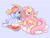 Size: 2048x1565 | Tagged: safe, artist:waackery, fluttershy, rainbow dash, pegasus, pony, g4, cloud, female, lesbian, mare, moon, popmart, ship:flutterdash, shipping, stars, wings