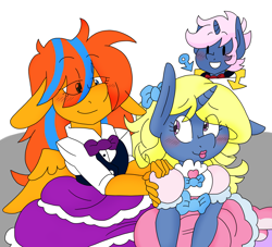 Size: 2967x2696 | Tagged: safe, artist:blackbewhite2k7, oc, oc:azure/sapphire, oc:cold front, pegasus, pony, unicorn, anthro, blushing, clothes, commission, crossdressing, dress, dressing up, femboy, girly, high res, makeup, male, simple background, white background, wig