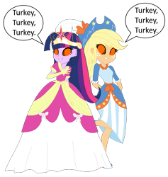 Size: 657x693 | Tagged: safe, artist:cartoonmasterv3, applejack, twilight sparkle, alicorn, human, undead, zombie, equestria girls, g4, clothes, coronation dress, dress, happy thanksgiving 2021, holiday, humanized, hypnojack, hypnosis, hypnotized, long dress, long skirt, mind control, simple background, skirt, thanksgiving, transparent background, twilight sparkle (alicorn)