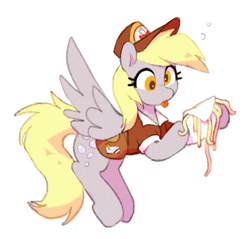 Size: 1352x1290 | Tagged: safe, artist:orchidpony, derpy hooves, pegasus, pony, g4, :p, cute, derpabetes, female, flying, food, letter, mailmare, mare, pasta, simple background, solo, spaghetti, spread wings, tongue out, white background, wings