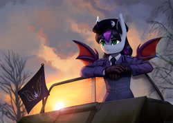 Size: 2250x1614 | Tagged: safe, artist:mrscroup, oc, oc only, oc:night blade, bat pony, anthro, equestria at war mod, bat pony oc, beret, clothes, gloves, hat, lunar empire, solo, spread wings, uniform, wings