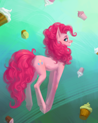 Size: 2000x2500 | Tagged: dead source, safe, artist:miurimau, pinkie pie, earth pony, pony, g4, cupcake, ear fluff, female, food, grin, high res, looking back, mare, profile, smiling, solo