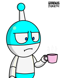 Size: 1012x1305 | Tagged: safe, artist:gradiusfanatic, oc, oc only, oc:bx-8, robot, barely pony related, coffee mug, i mean i see, male, mug, poker face, robot oc, simple background, solo, transparent background