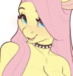 Size: 1251x1293 | Tagged: safe, artist:evehly, fluttershy, anthro, g4, bare shoulder portrait, bare shoulders, breasts, bust, busty fluttershy, choker, chokershy, cleavage, looking at you, open mouth, open smile, portrait, smiling, solo, spiked choker, wip