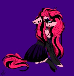 Size: 802x828 | Tagged: safe, artist:namiiarts, earth pony, pony, back, black socks, clothes, ear piercing, earring, ears, goth, jewelry, lidded eyes, looking at you, piercing, skirt, socks, unamused