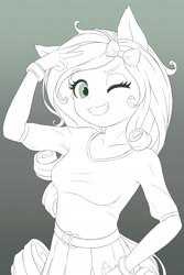 Size: 1280x1920 | Tagged: safe, artist:symbianl, rarity, anthro, equestria girls, ambiguous facial structure, bracelet, breasts, clothes, female, gradient background, jewelry, monochrome, shirt, skirt, solo