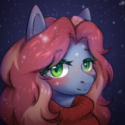 Size: 500x500 | Tagged: safe, artist:blueomlette, oc, oc only, earth pony, anthro, bedroom eyes, blushing, bust, clothes, digital art, female, looking at you, portrait, smiling, smiling at you, snow, solo, sweater