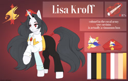 Size: 1280x809 | Tagged: safe, artist:blueomlette, oc, oc only, oc:lisa kroff, pony, unicorn, bedroom eyes, clothes, digital art, female, horn, mare, reference sheet, solo, tail, text
