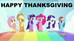 Size: 1280x720 | Tagged: safe, edit, edited screencap, screencap, applejack, fluttershy, pinkie pie, rainbow dash, rarity, twilight sparkle, alicorn, pony, all bottled up, g4, best friends until the end of time, holiday, mane six, rainbow, thanksgiving, twilight sparkle (alicorn)